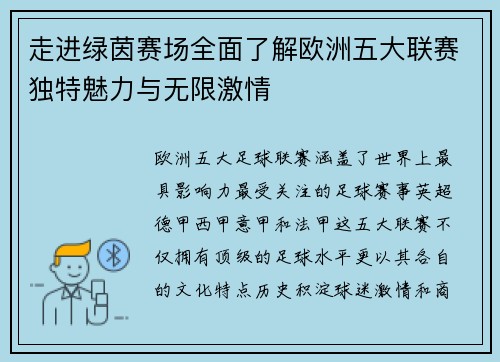 走进绿茵赛场全面了解欧洲五大联赛独特魅力与无限激情 走进绿茵赛场全面了解欧洲五大联赛独特魅力与无限激情